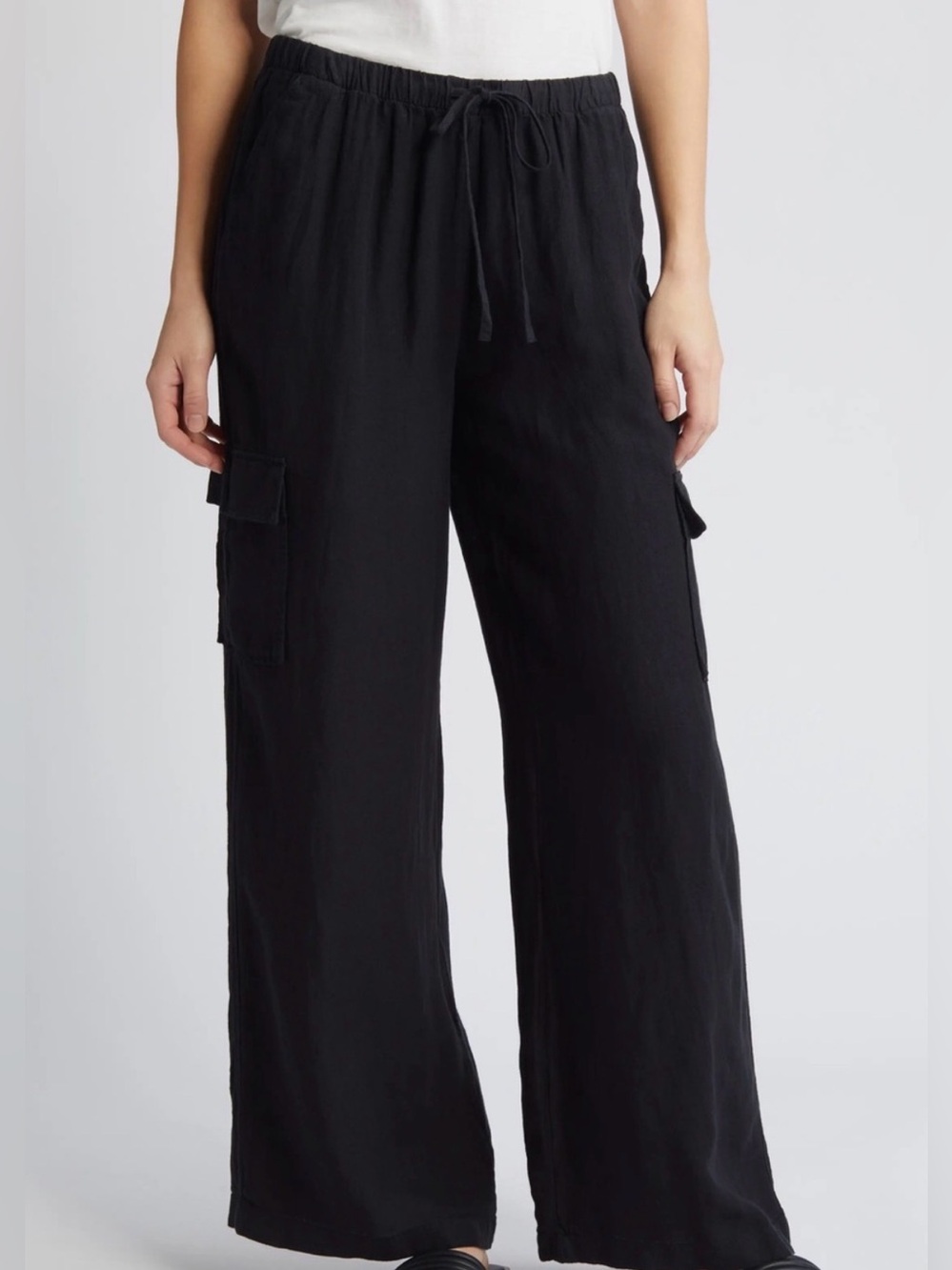 Caslon Drawstring Wide Leg Linen Cargo Pants, Black, Medium